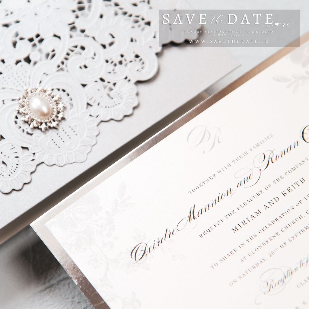 Laser cut pocket silver invitation with jewel Wedding