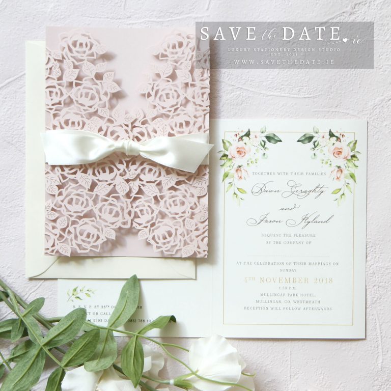 Laser cut blush pink roses invitation with ivory satin