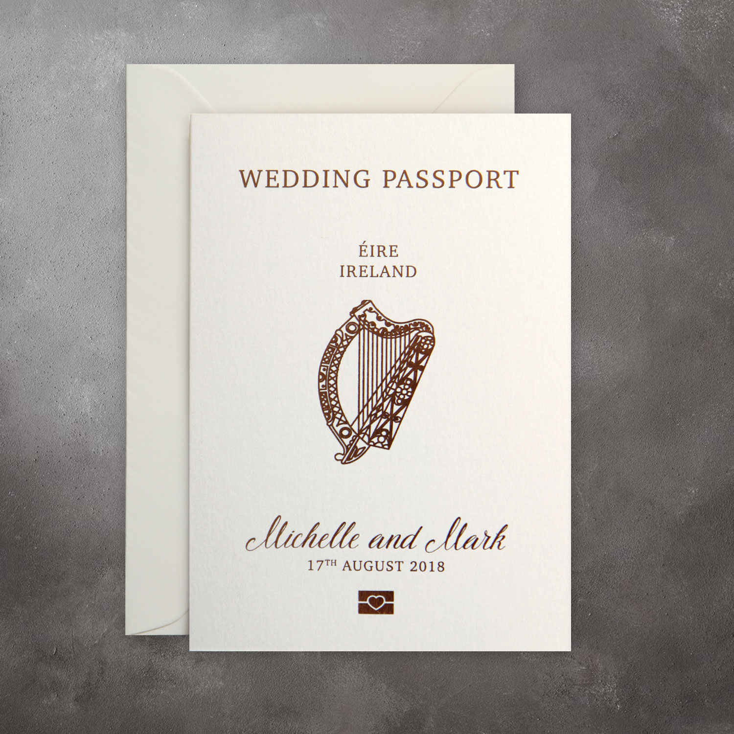 Passport invitation printed with gold foil | Wedding Invitations and Wedding Stationery Ireland
