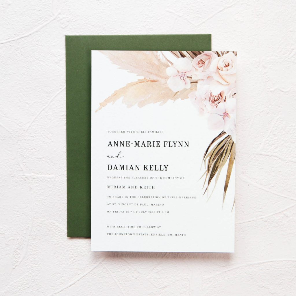 Boho orchids, roses and pampas grass wedding invitation