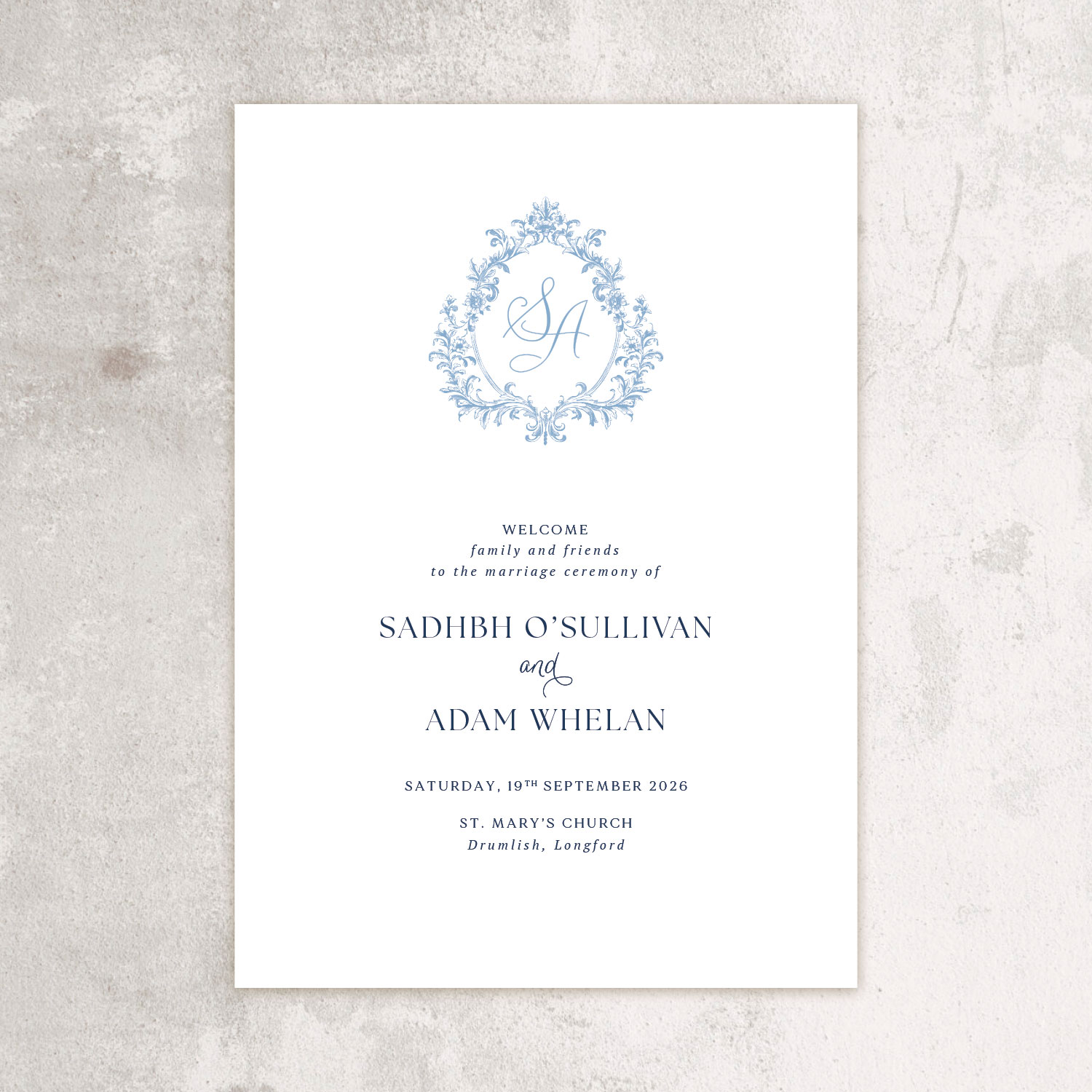 Dusty Blue Monogram Elegant Ceremony Mass Booklet